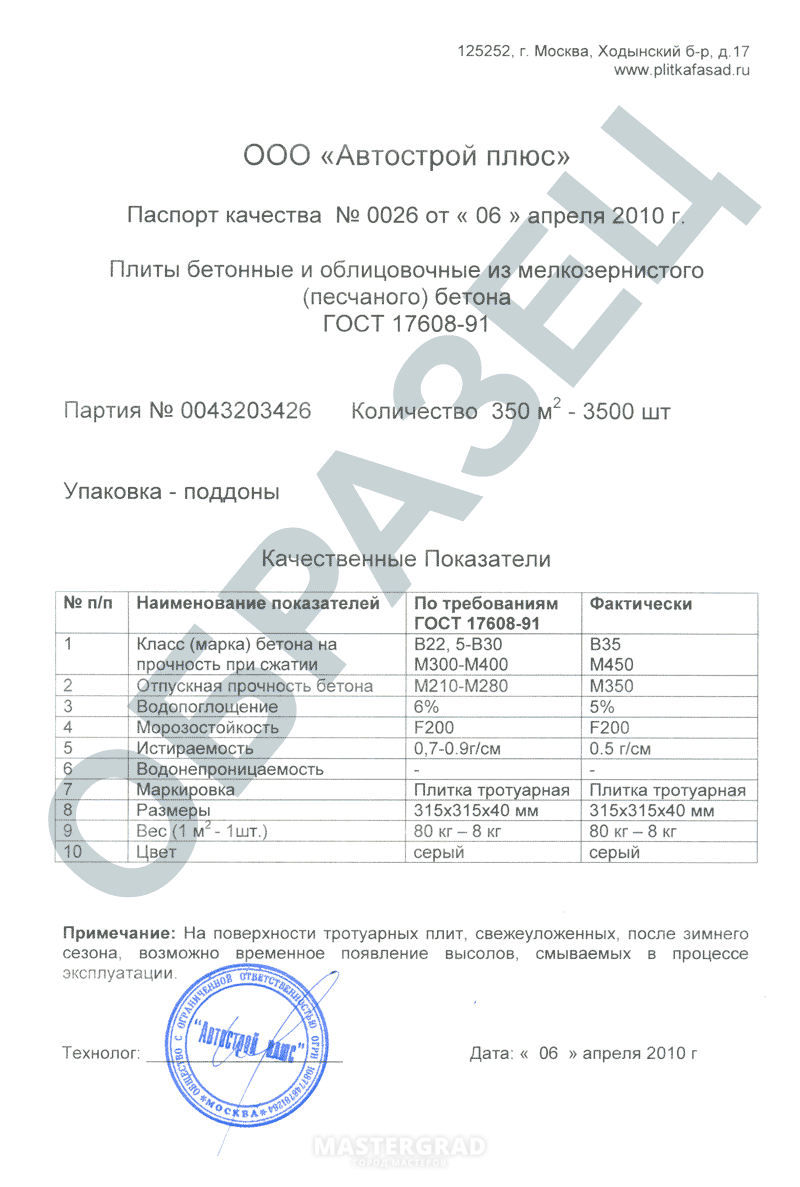 Образец на паспорт качества на бетон образец